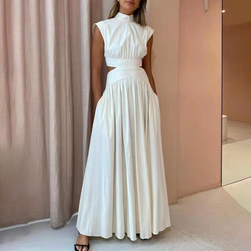Women’s Pleated Maxi Dress High Neck Side Cut Outs