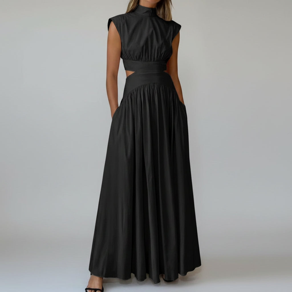 Women’s Pleated Maxi Dress High Neck Side Cut Outs