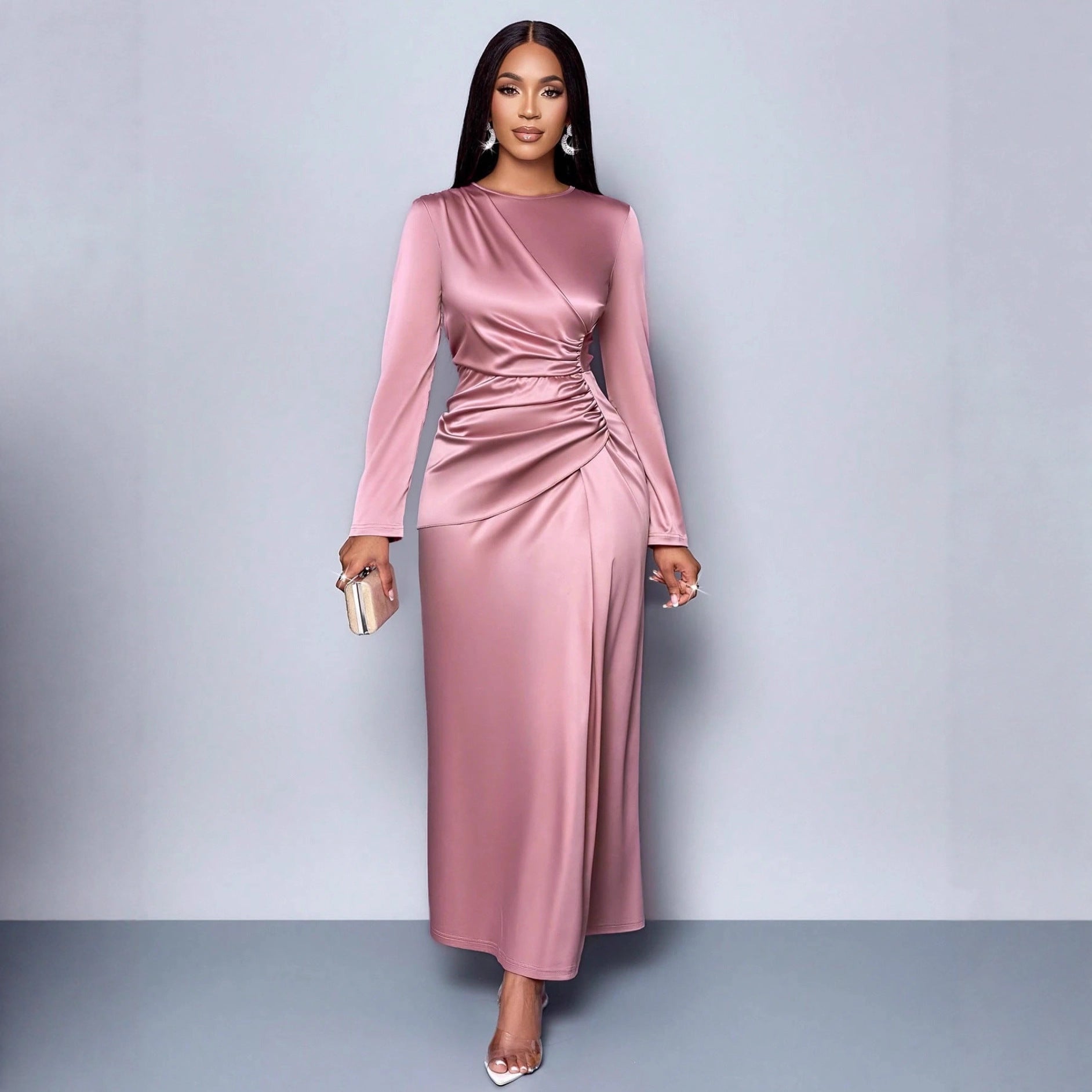 Women’s Satin Maxi Dress Long Sleeve Ruched Waist