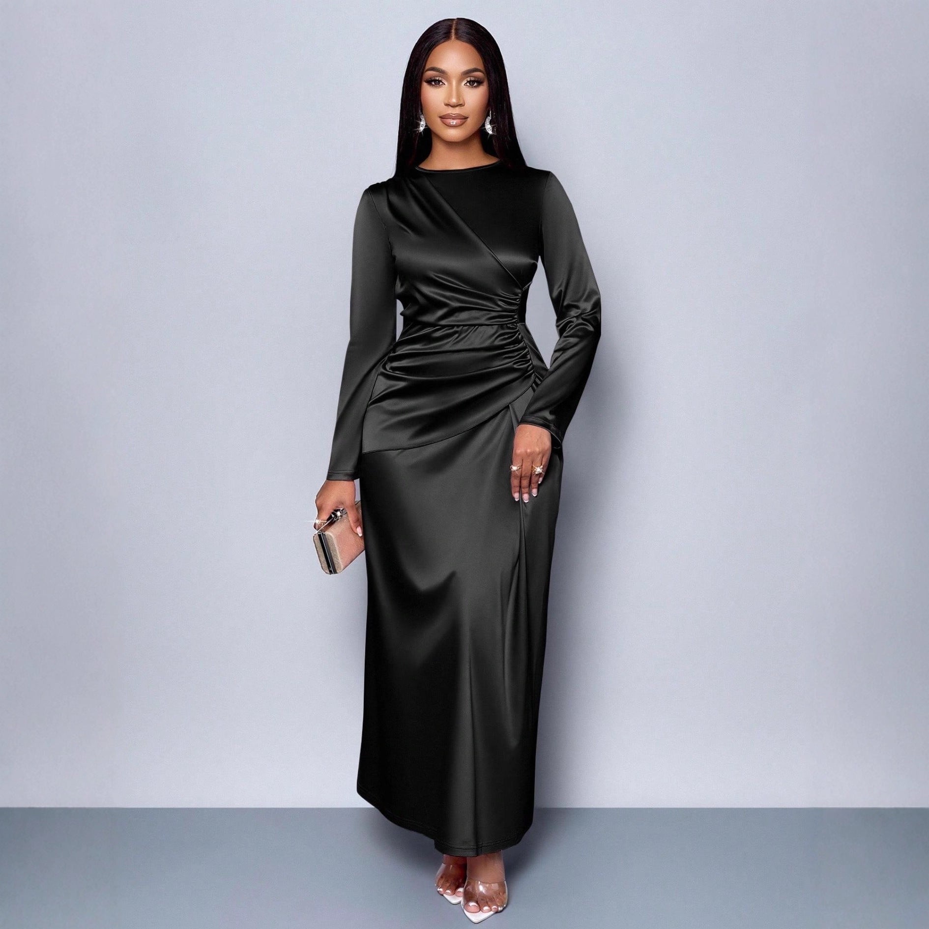 Women’s Satin Maxi Dress Long Sleeve Ruched Waist