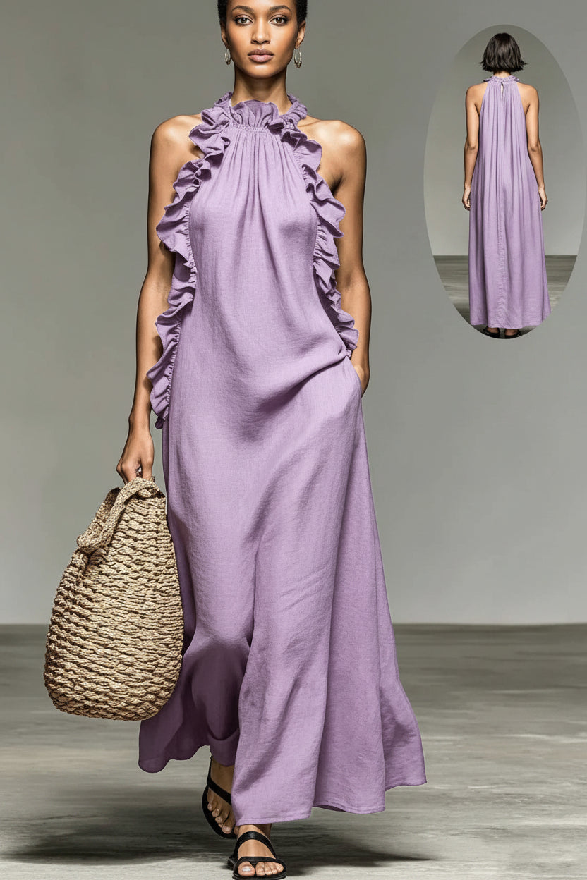 Vestido largo de mujer con cuello halter, volante en el borde, sin mangas y de corte holgado