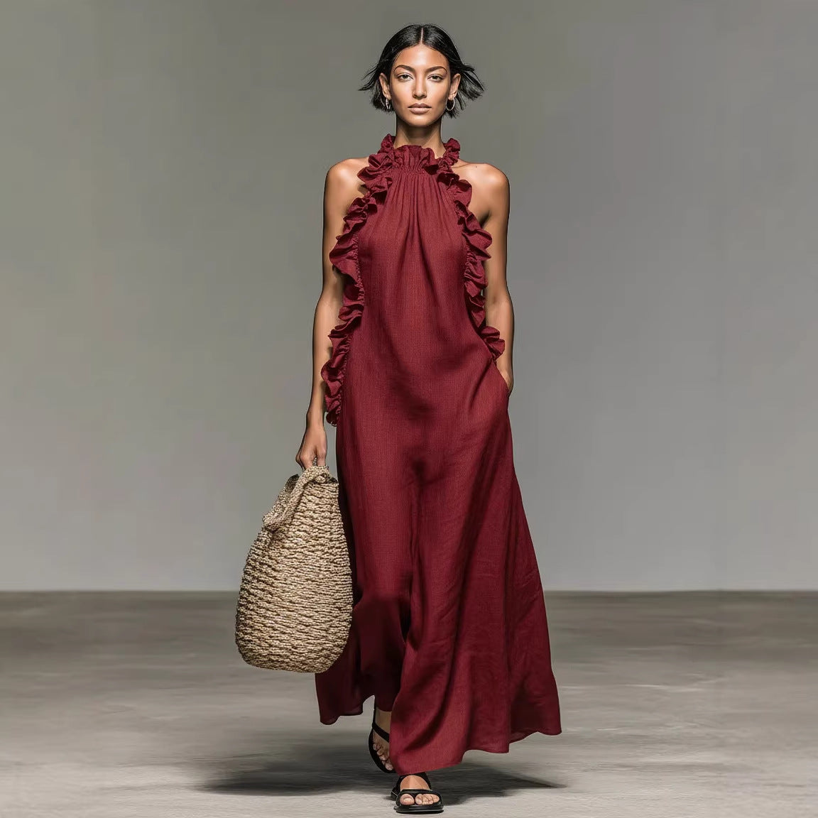 Vestido largo de mujer con cuello halter, volante en el borde, sin mangas y de corte holgado