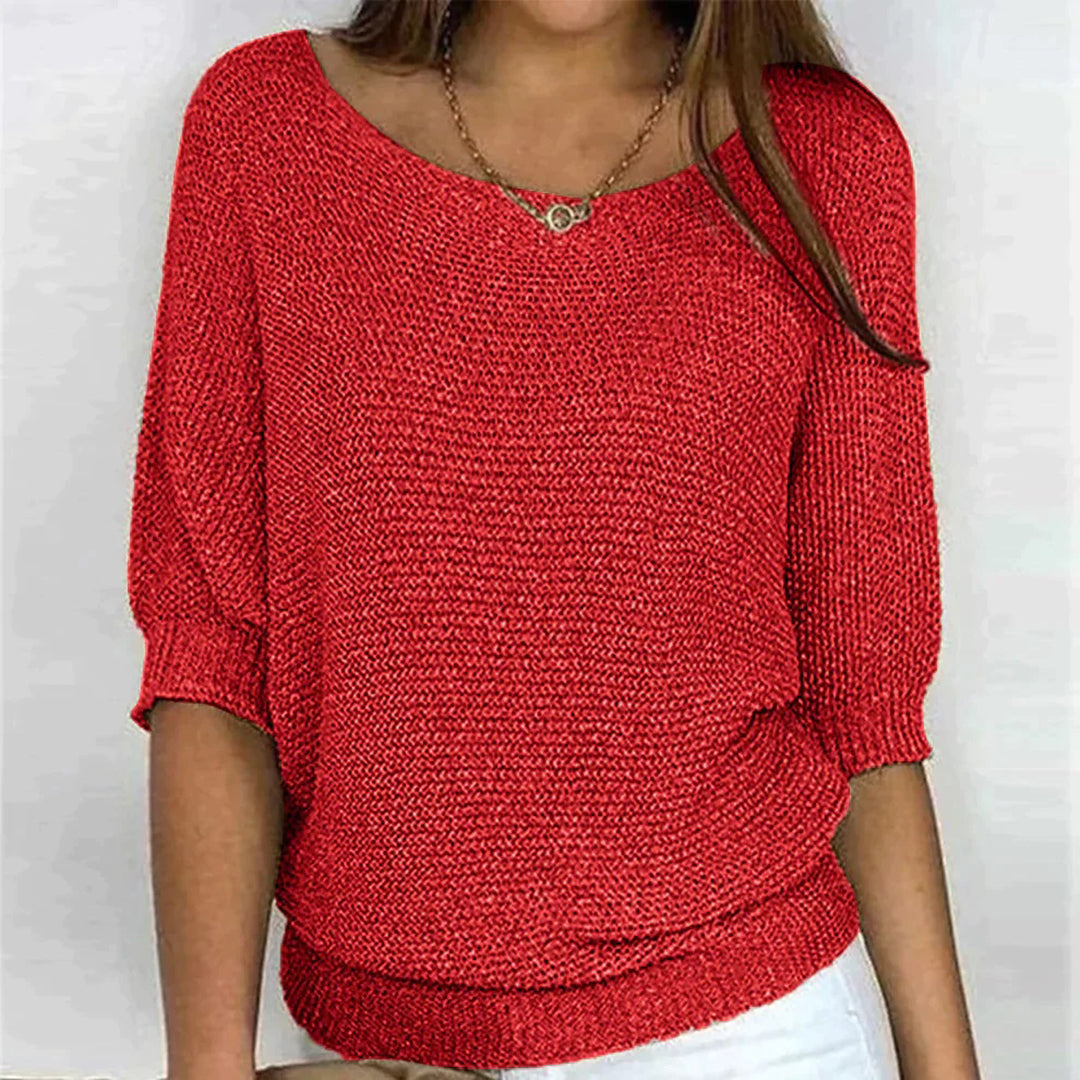 Top in maglia testurizzata da donna con scollo ampio e maniche a tre quarti dalla vestibilità rilassata, ideale per tutti i giorni