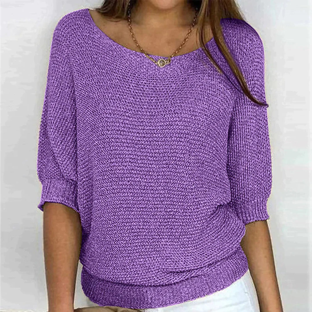 Top in maglia testurizzata da donna con scollo ampio e maniche a tre quarti dalla vestibilità rilassata, ideale per tutti i giorni