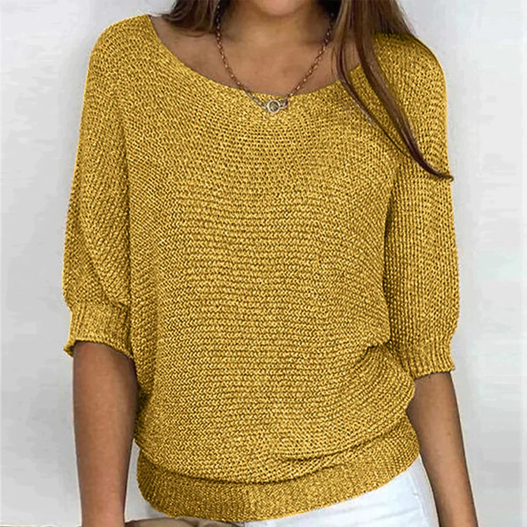 Top in maglia testurizzata da donna con scollo ampio e maniche a tre quarti dalla vestibilità rilassata, ideale per tutti i giorni