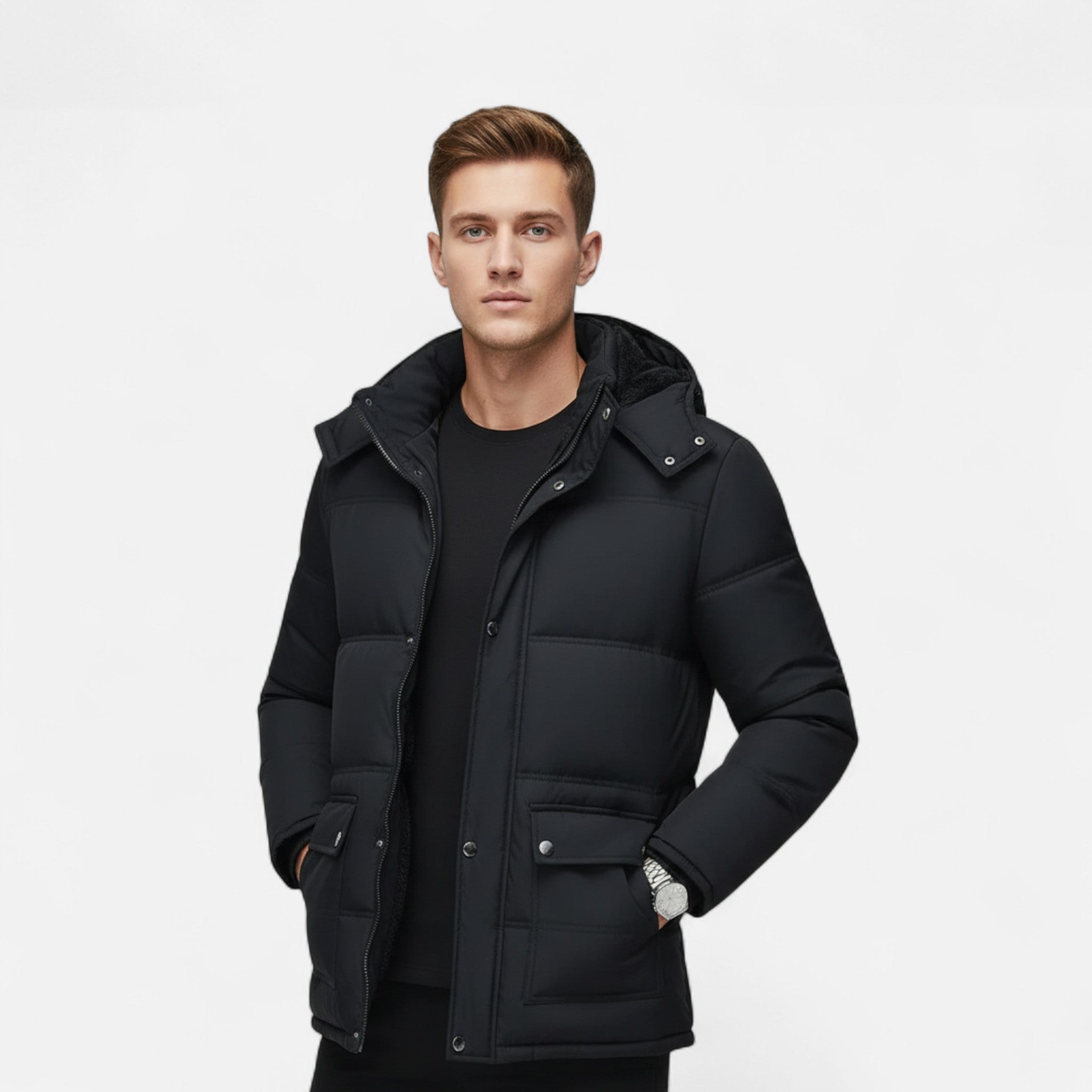 Valmonti | Men’s Cotton-Padded Hooded Jacket with Fur Lining