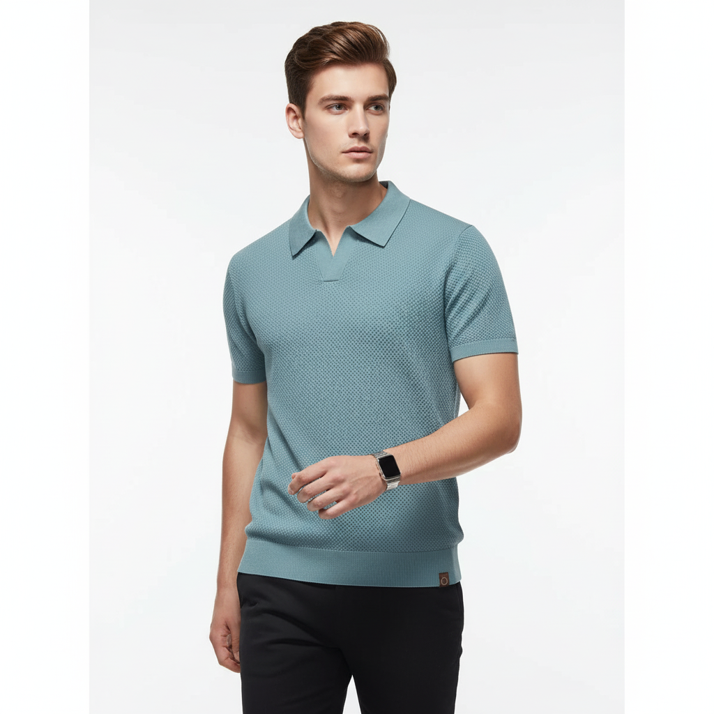 Valmonti | Men's Shirt  Wool-Blend Pineapple Knit Polo Short Sleeve