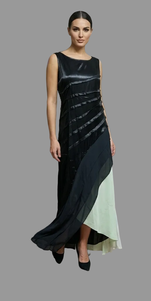 Vestido largo de noche sin mangas para mujer con capas diagonales - Estilo fluido para ocasiones especiales con sobrefalda transparente