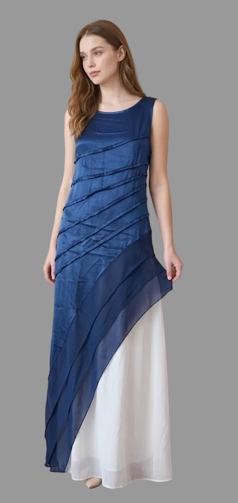 Vestido largo de noche sin mangas para mujer con capas diagonales - Estilo fluido para ocasiones especiales con sobrefalda transparente