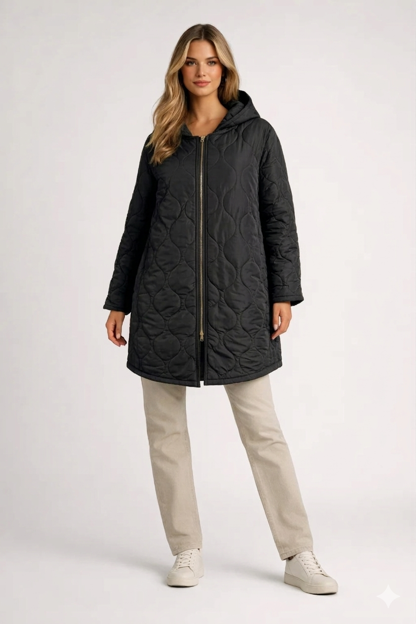 Women’s Quilted Coat with Hood – Comfortable Stylish Knee Length Autumn Outerwear