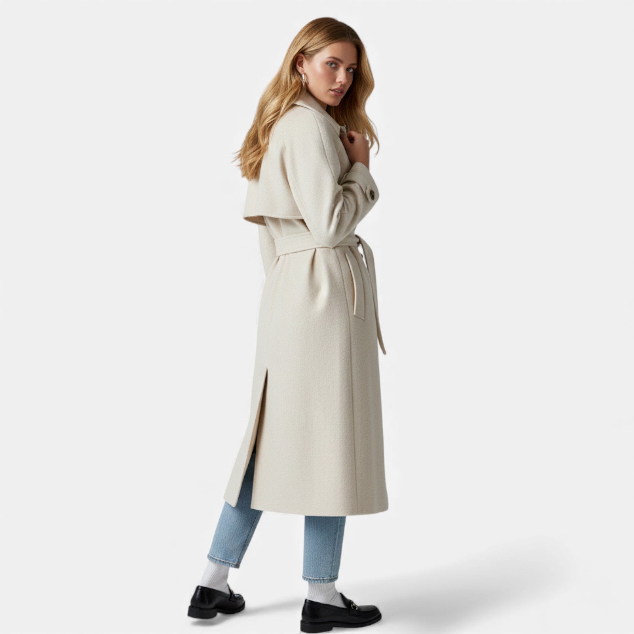 Valmonti | Women’s Belted Lapel Coat – Classic Mid-Length Overcoat