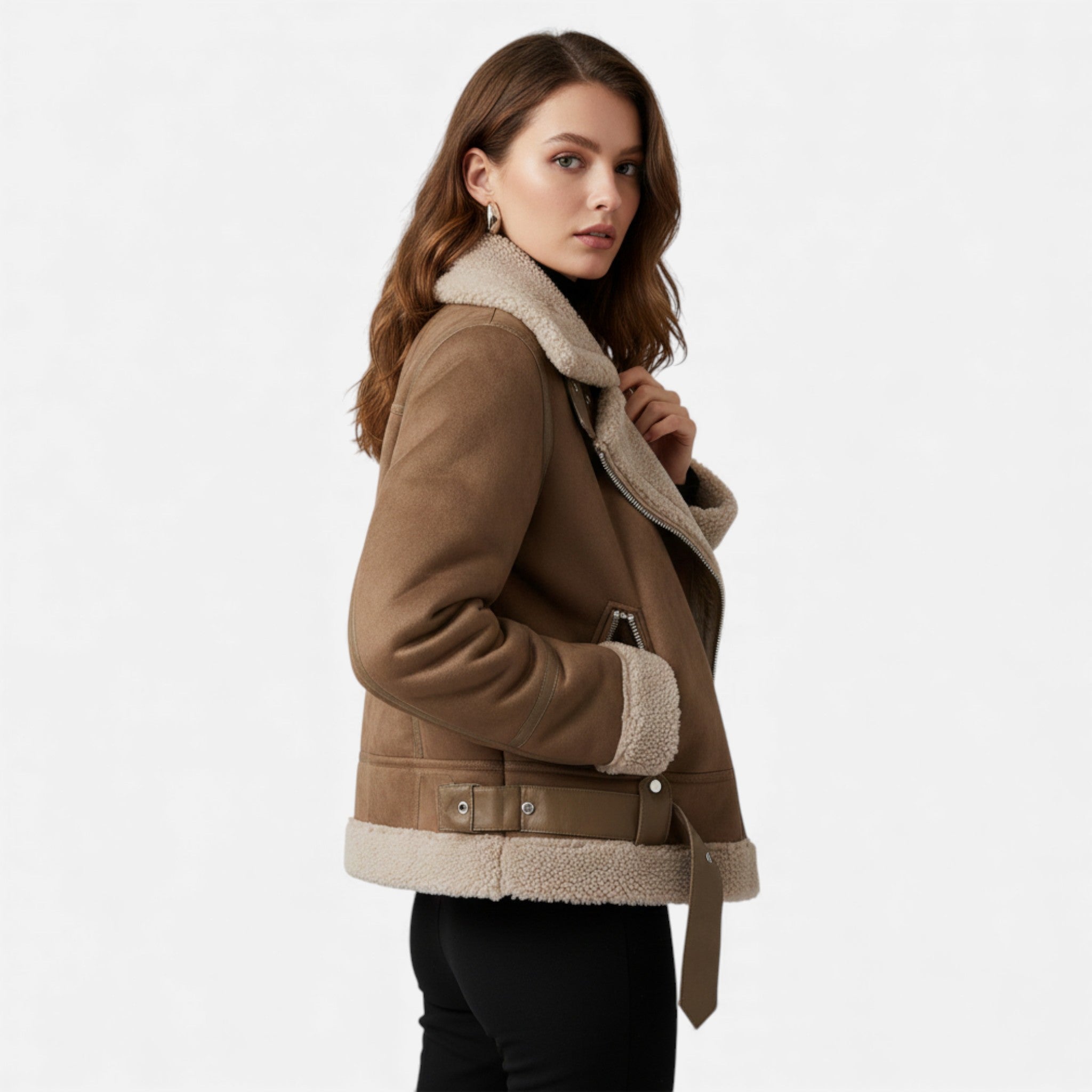 Valmonti | Women’s Suede Lambswool Lapel Jacket – Moto-Style Coat