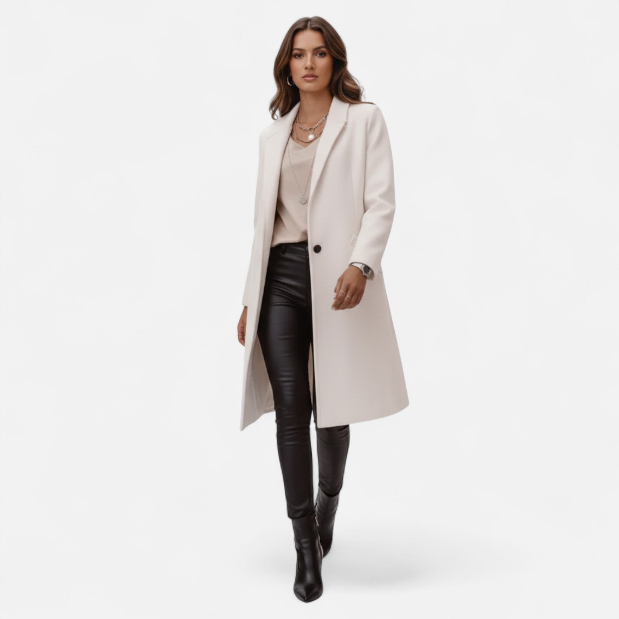 Valmonti | Women’s Classic Coat – Mid‑Length Solid‑Lapels Luxury