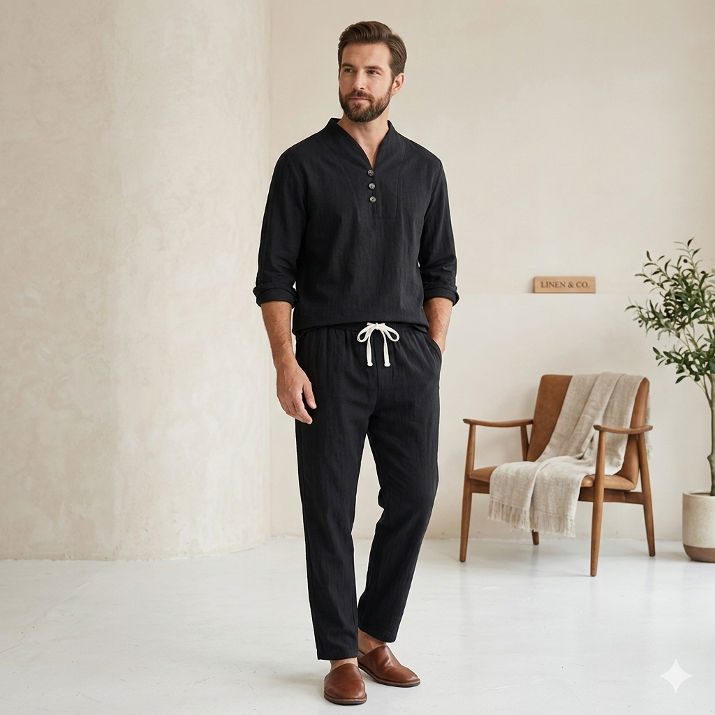 Men’s Cotton Linen Outfit – Short Sleeve Shirt Ankle Length Trousers Breathable Comfortable Lightweight Spring Summer Clothing