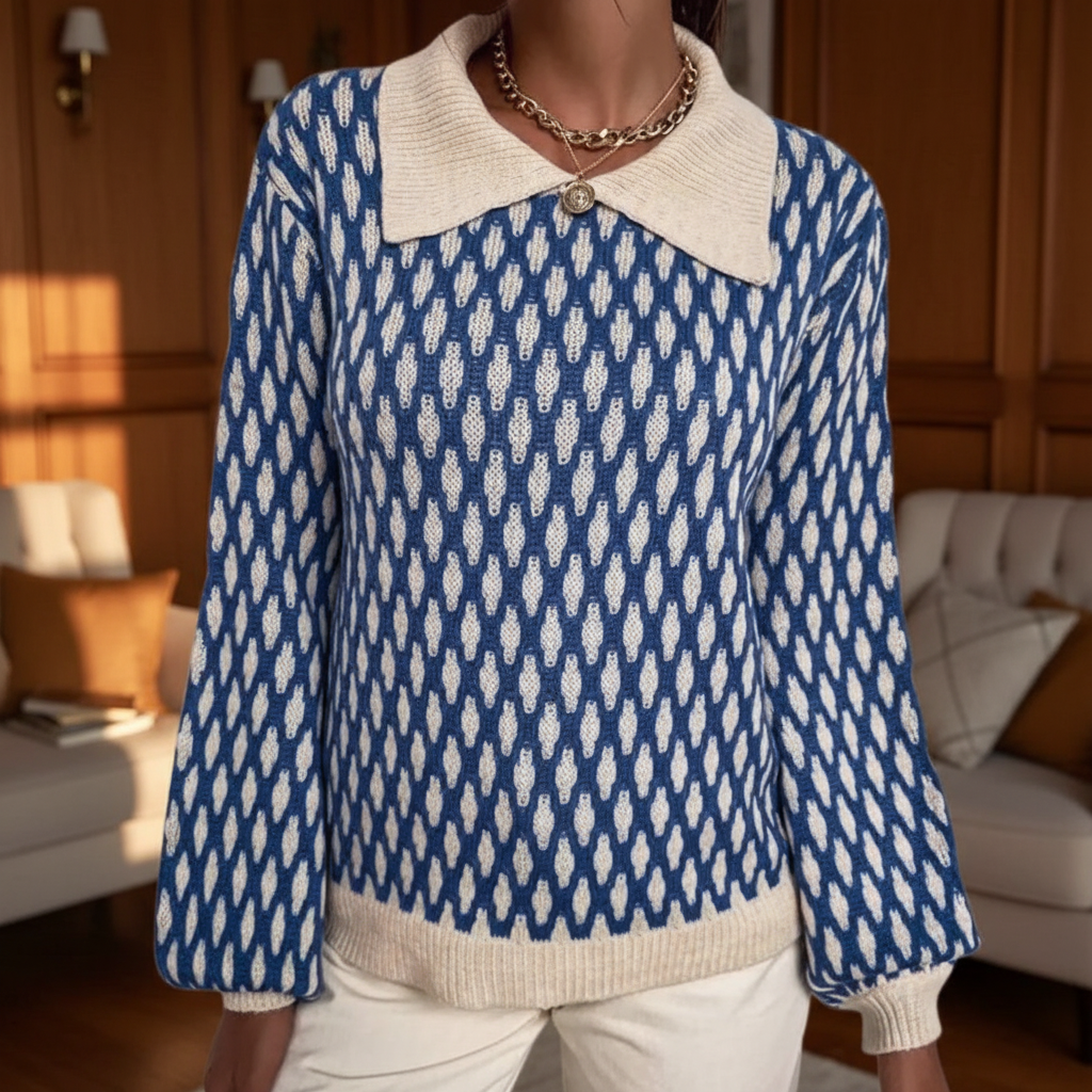 Suéter de punto para mujer con cuello y estampado, manga larga y corte relajado