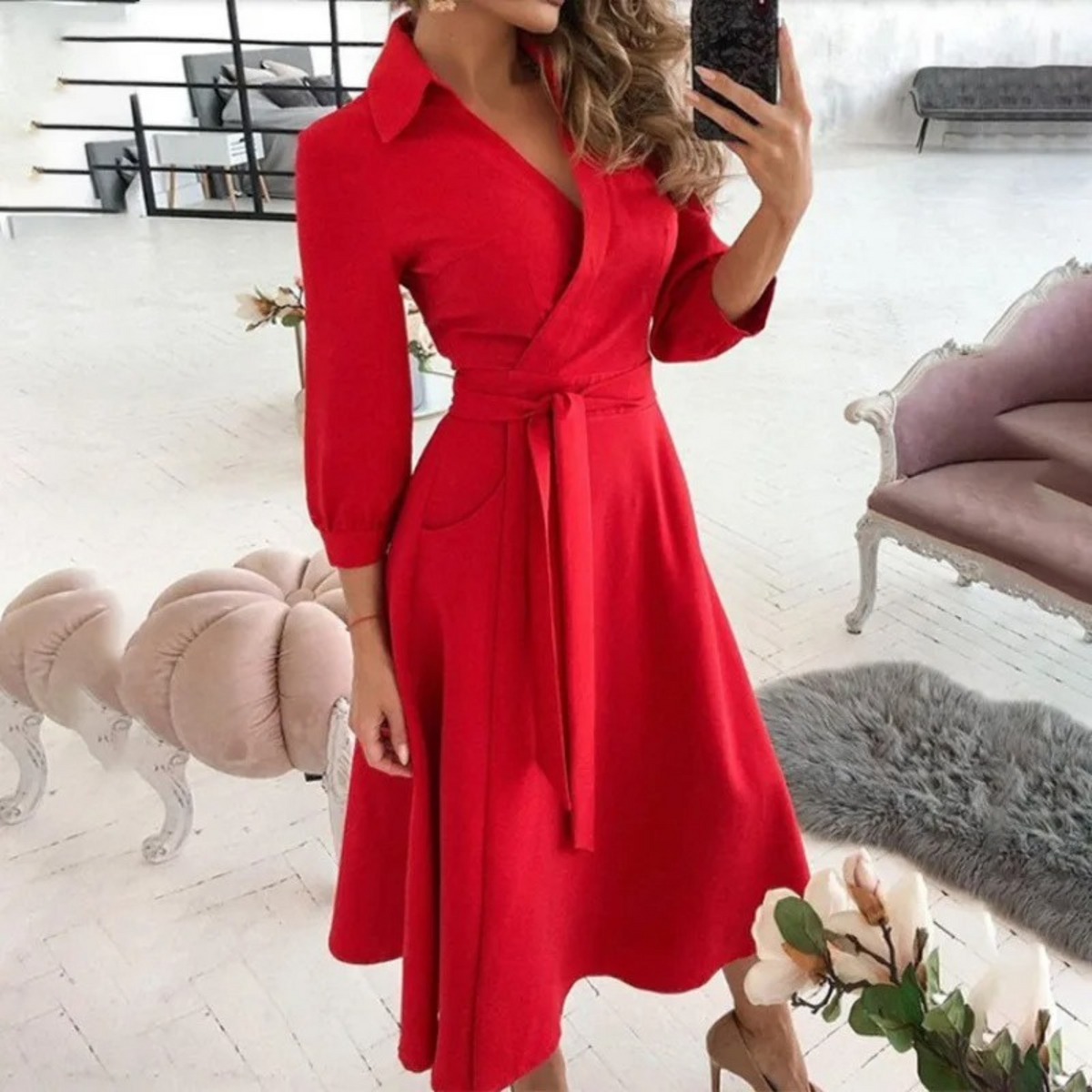 Abito midi da donna a portafoglio con cintura - Modello con scollo a V e maniche a tre quarti per il lavoro, le cene e le occasioni social eleganti