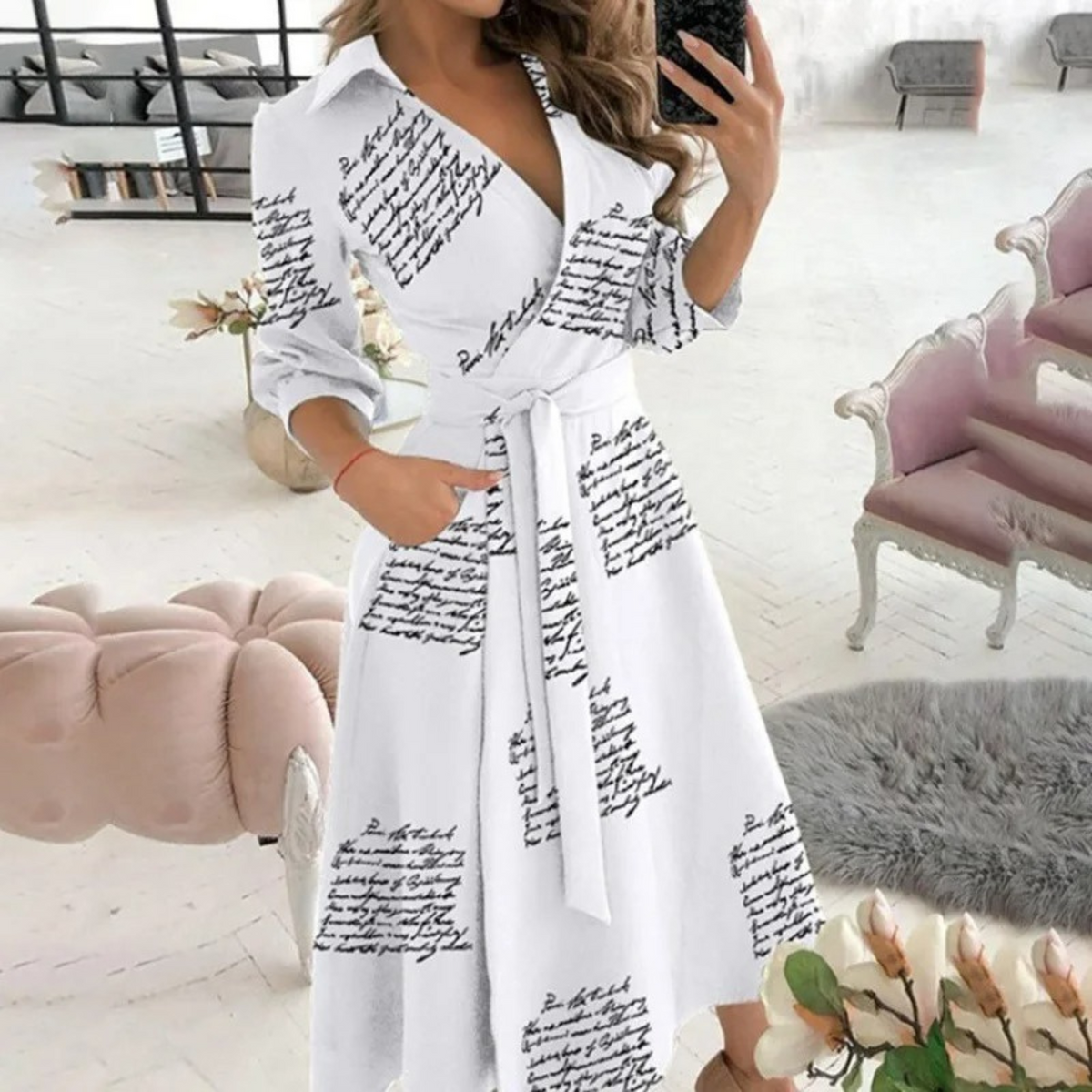 Abito midi da donna a portafoglio con cintura - Modello con scollo a V e maniche a tre quarti per il lavoro, le cene e le occasioni social eleganti