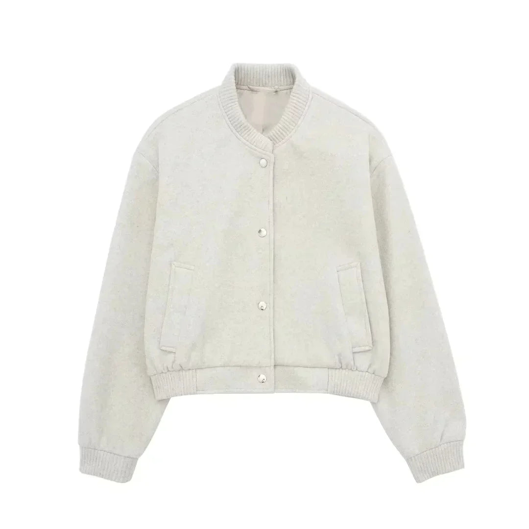Casaco bomber curto para mulher – camada casual com fecho de molas à frente para a primavera e o outono