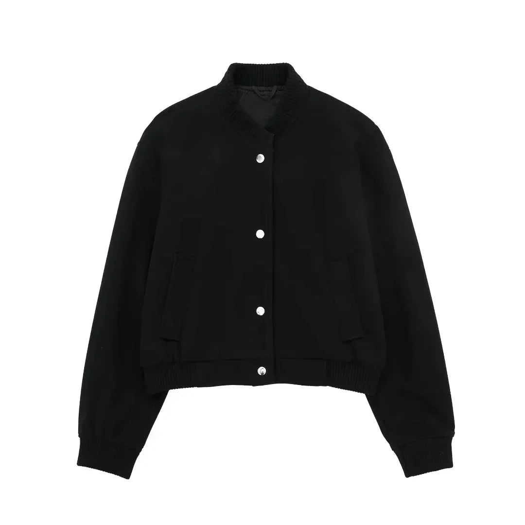 Casaco bomber curto para mulher – camada casual com fecho de molas à frente para a primavera e o outono
