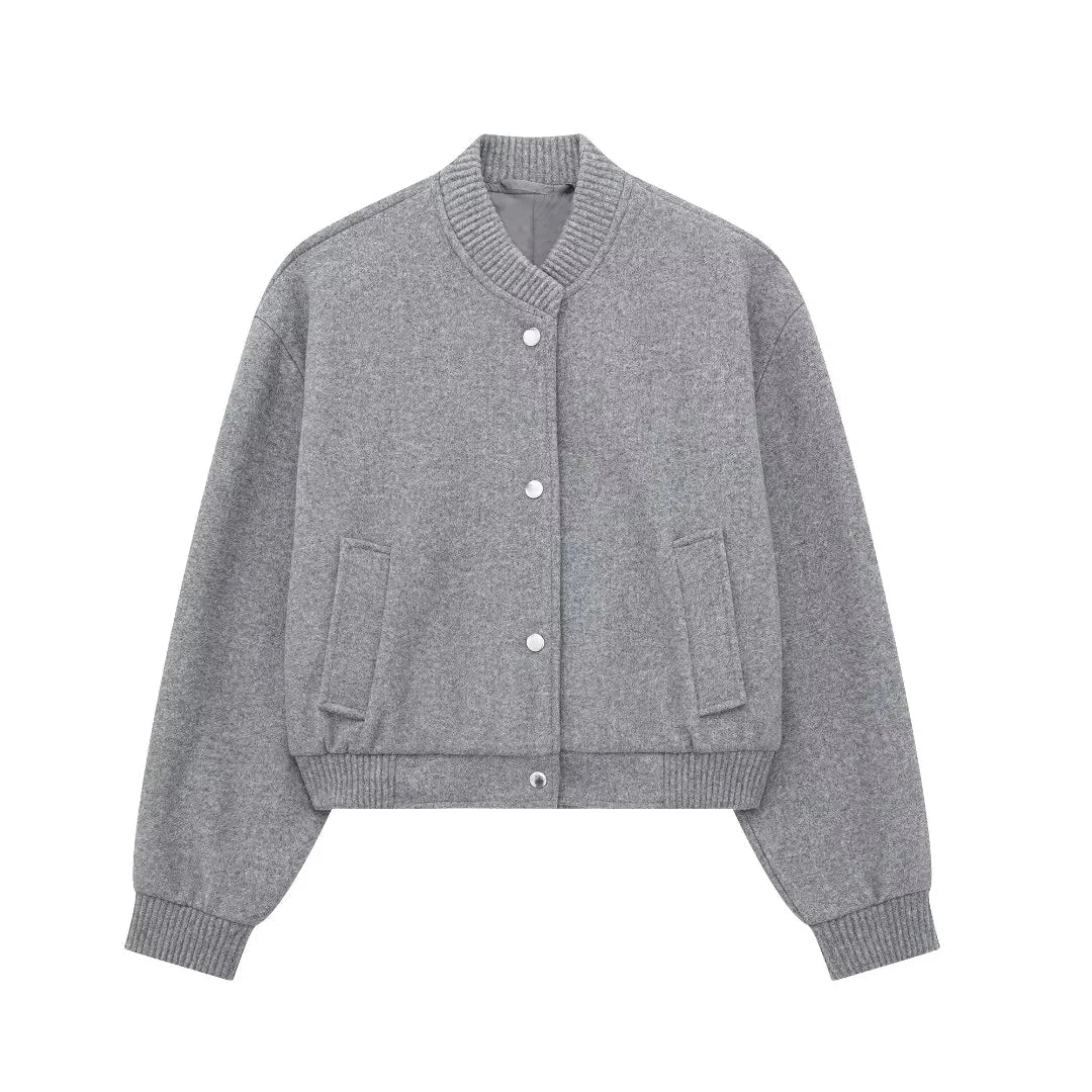 Casaco bomber curto para mulher – camada casual com fecho de molas à frente para a primavera e o outono