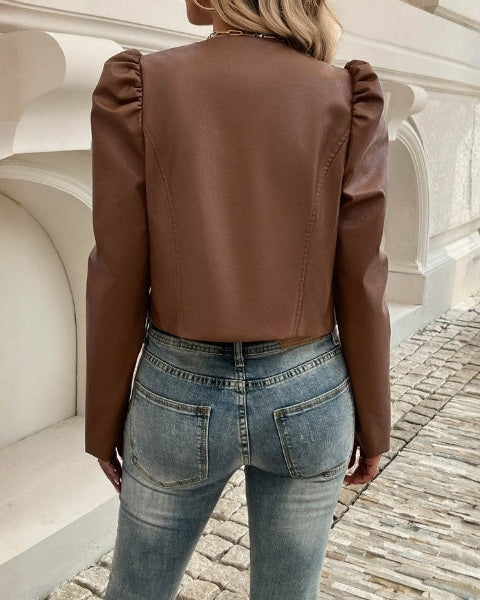 Women’s Cropped Puff-Sleeve Jacket – Collarless Open-Front Layer for Smart Daywear