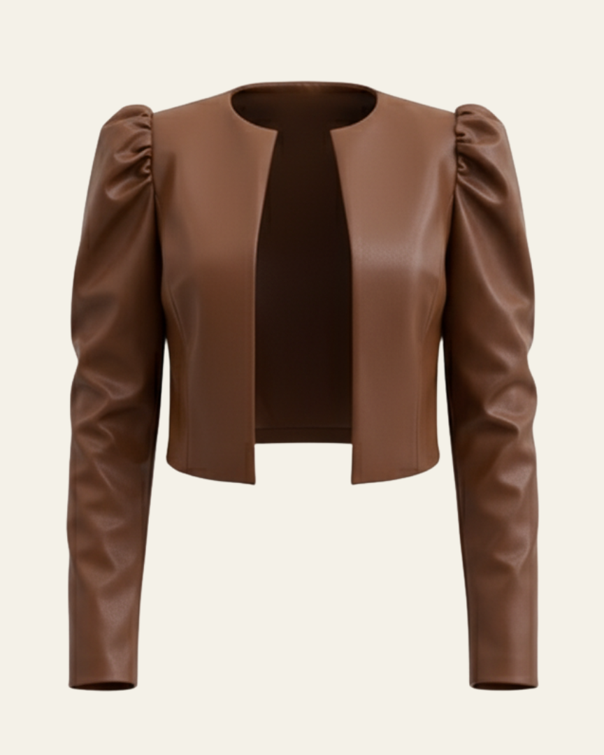 Women’s Cropped Puff-Sleeve Jacket – Collarless Open-Front Layer for Smart Daywear