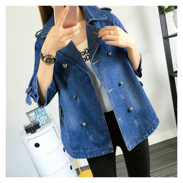 Women’s Short Denim Trench Coat – Double-Breasted Layer for Spring and Autumn