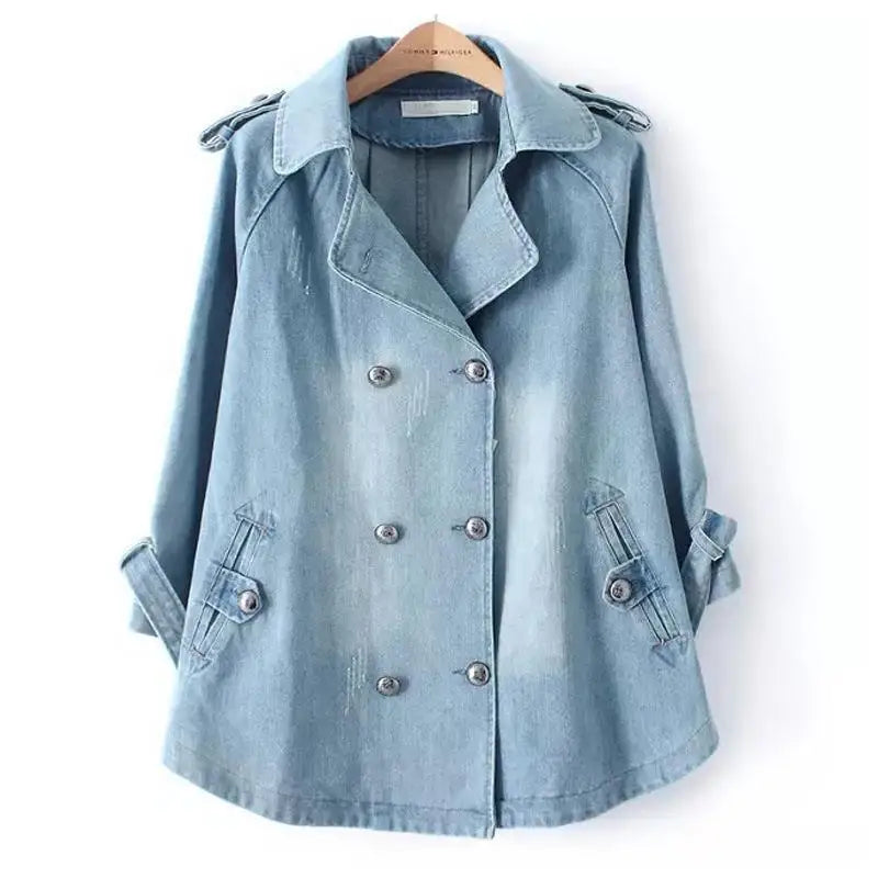 Women’s Short Denim Trench Coat – Double-Breasted Layer for Spring and Autumn