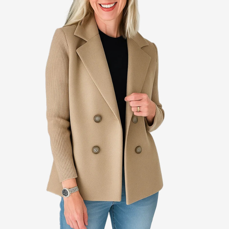 Sacou de damă cu două rânduri de nasturi – strat elegant și casual, cu mâneci striate, pentru toamnă și iarnă