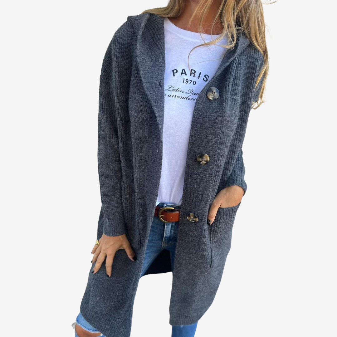 Women’s Longline Hooded Knit Cardigan – Relaxed Button Layer for Everyday Wear
