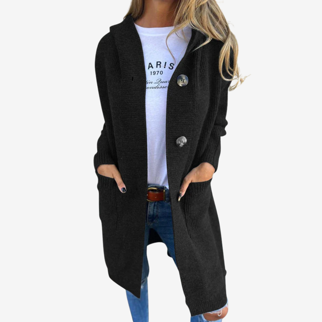 Women’s Longline Hooded Knit Cardigan – Relaxed Button Layer for Everyday Wear