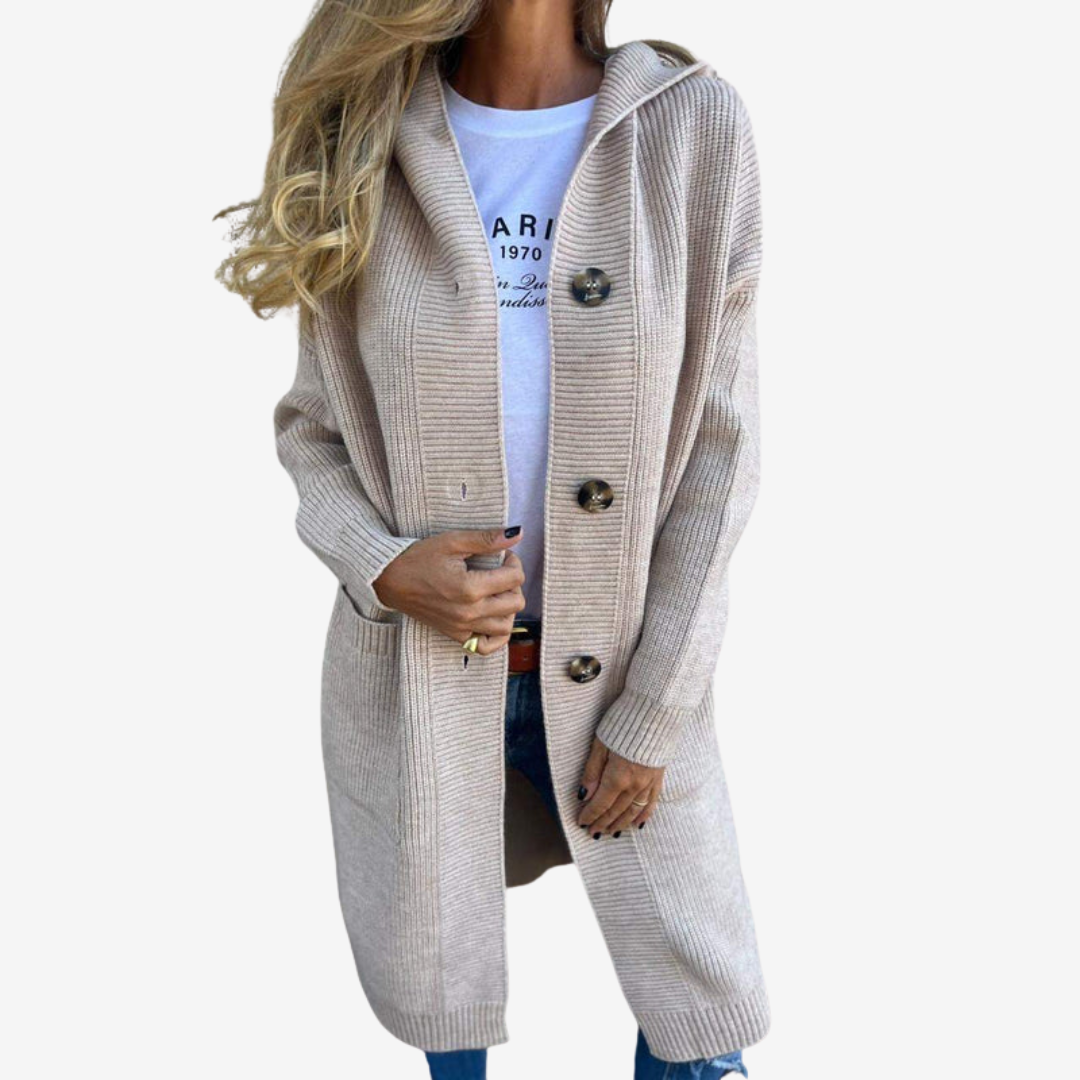 Women’s Longline Hooded Knit Cardigan – Relaxed Button Layer for Everyday Wear