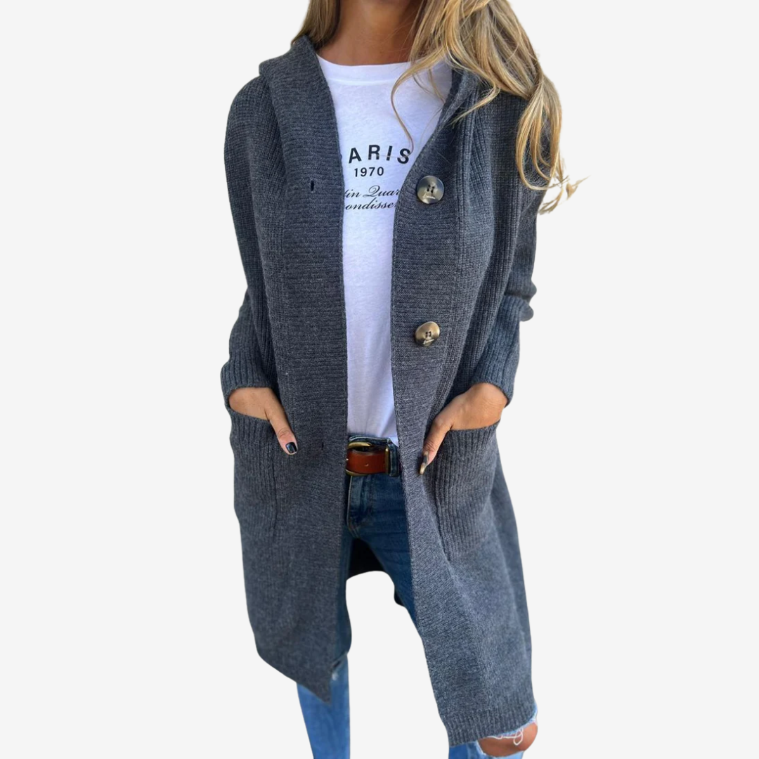 Women’s Longline Hooded Knit Cardigan – Relaxed Button Layer for Everyday Wear