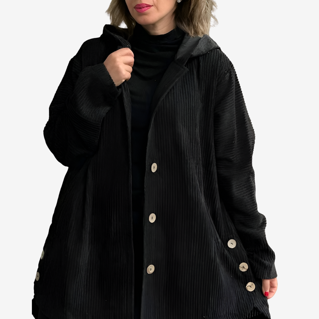 Cárdigan largo con capucha para mujer – Tejido de punto acanalado con botones delanteros para otoño e invierno