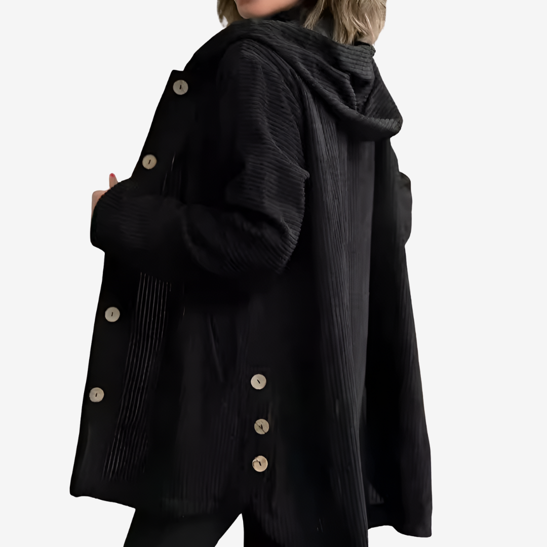 Cárdigan largo con capucha para mujer – Tejido de punto acanalado con botones delanteros para otoño e invierno