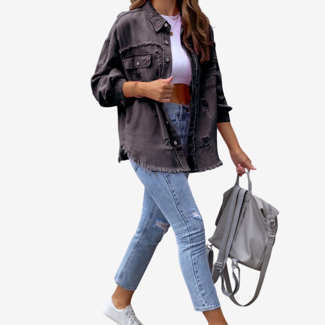 Oversized denimjakke til kvinder – frynset lag-på-lag-jakke med knapper foran til afslappet hverdagsbrug
