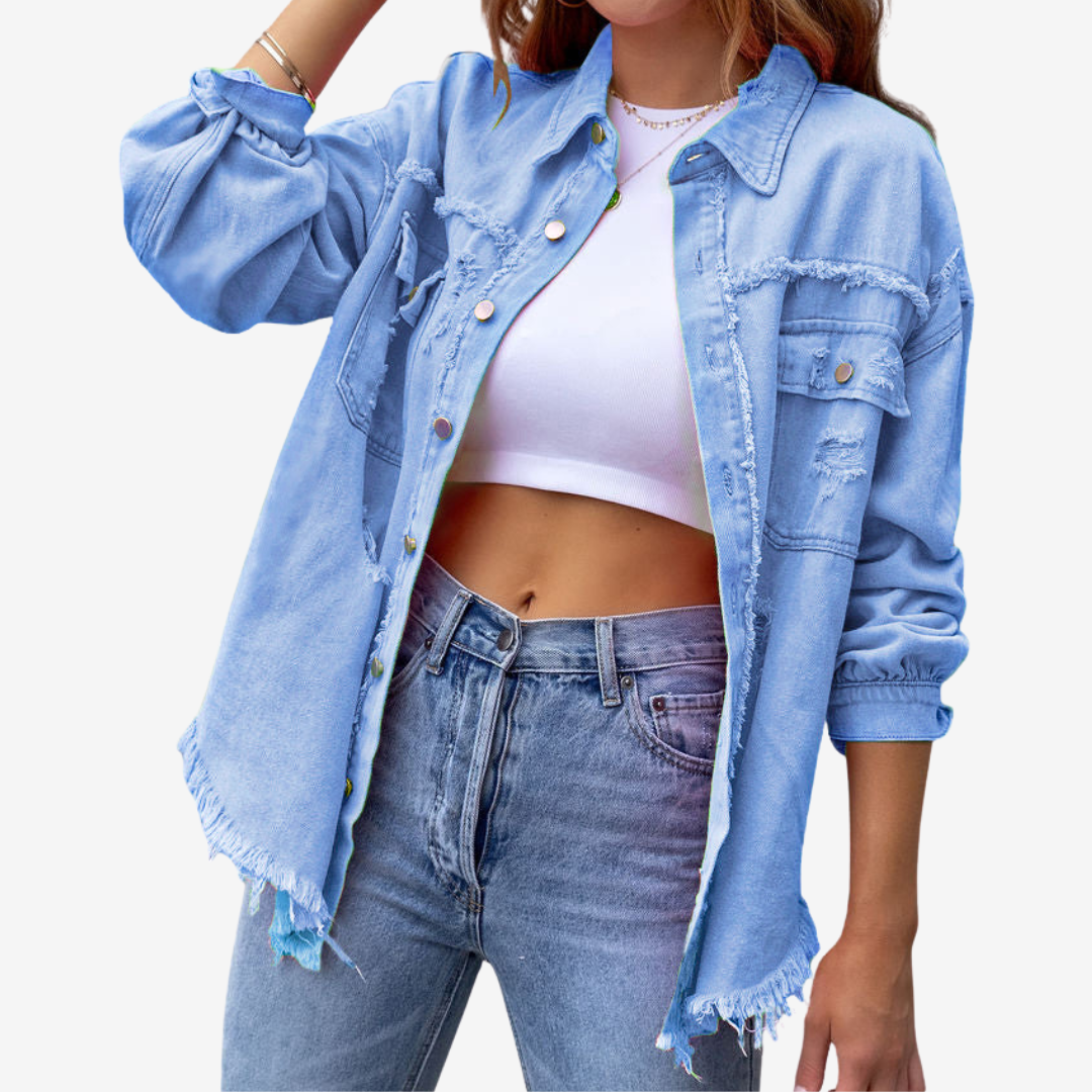 Oversized denimjakke til kvinder – frynset lag-på-lag-jakke med knapper foran til afslappet hverdagsbrug
