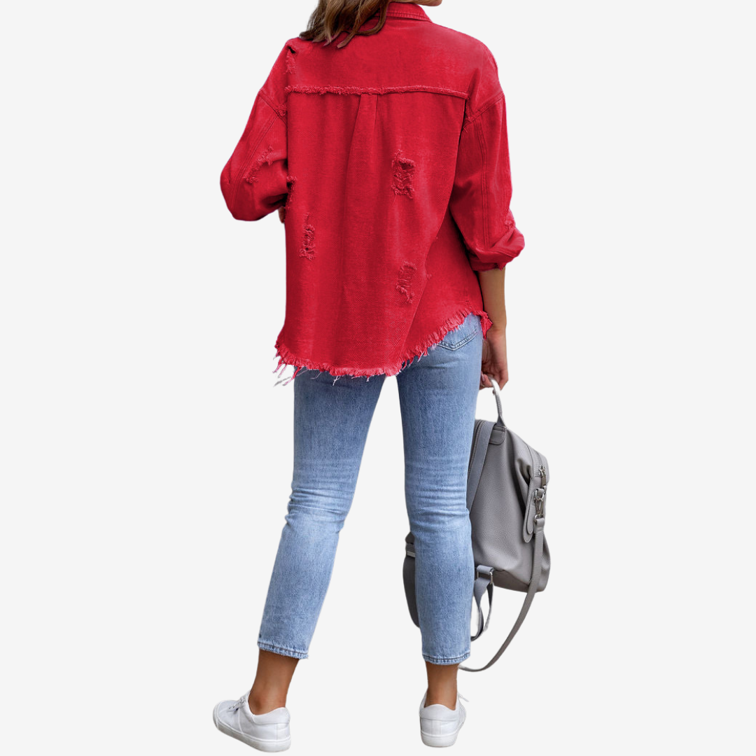 Oversized denimjakke til kvinder – frynset lag-på-lag-jakke med knapper foran til afslappet hverdagsbrug