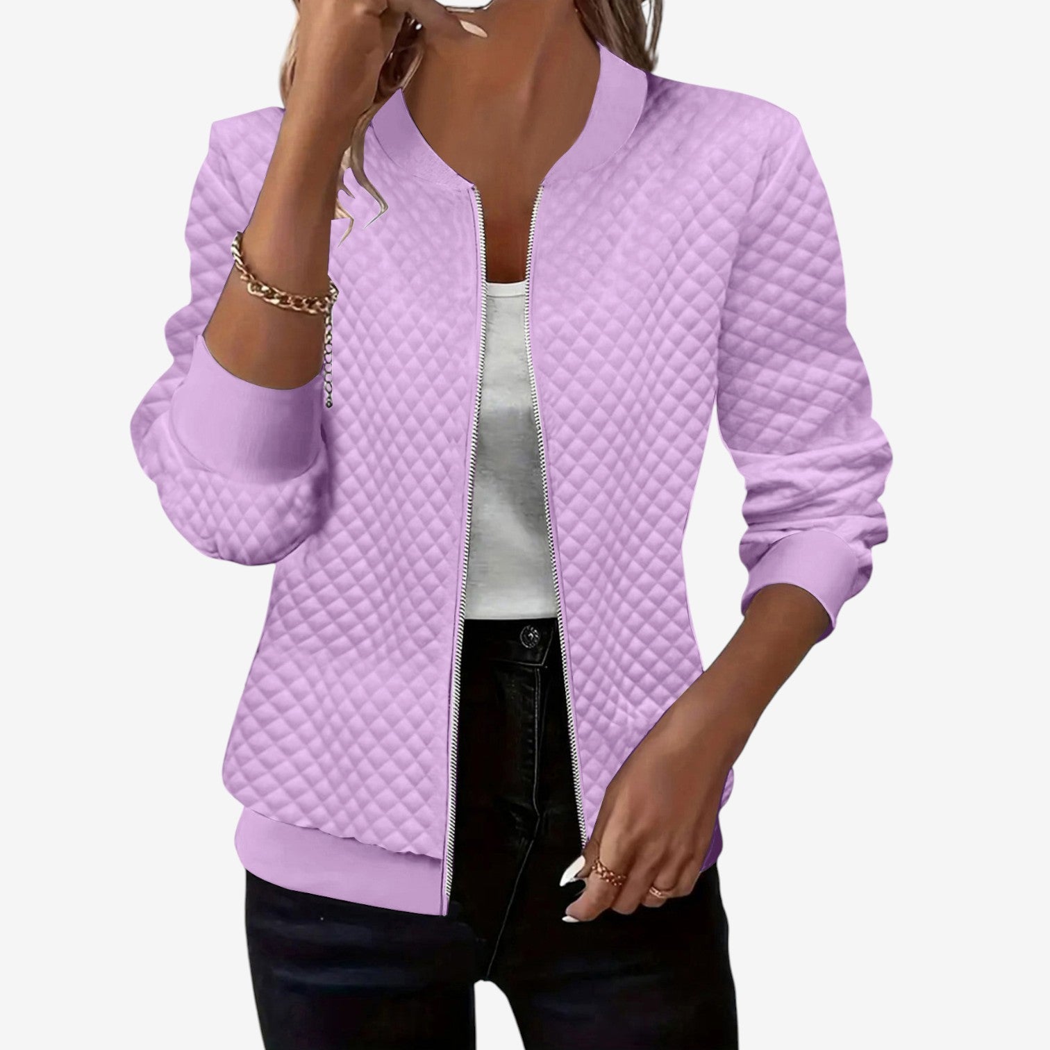 Women’s Quilted Bomber Jacket – Zip-Up Layer for Autumn and Winter