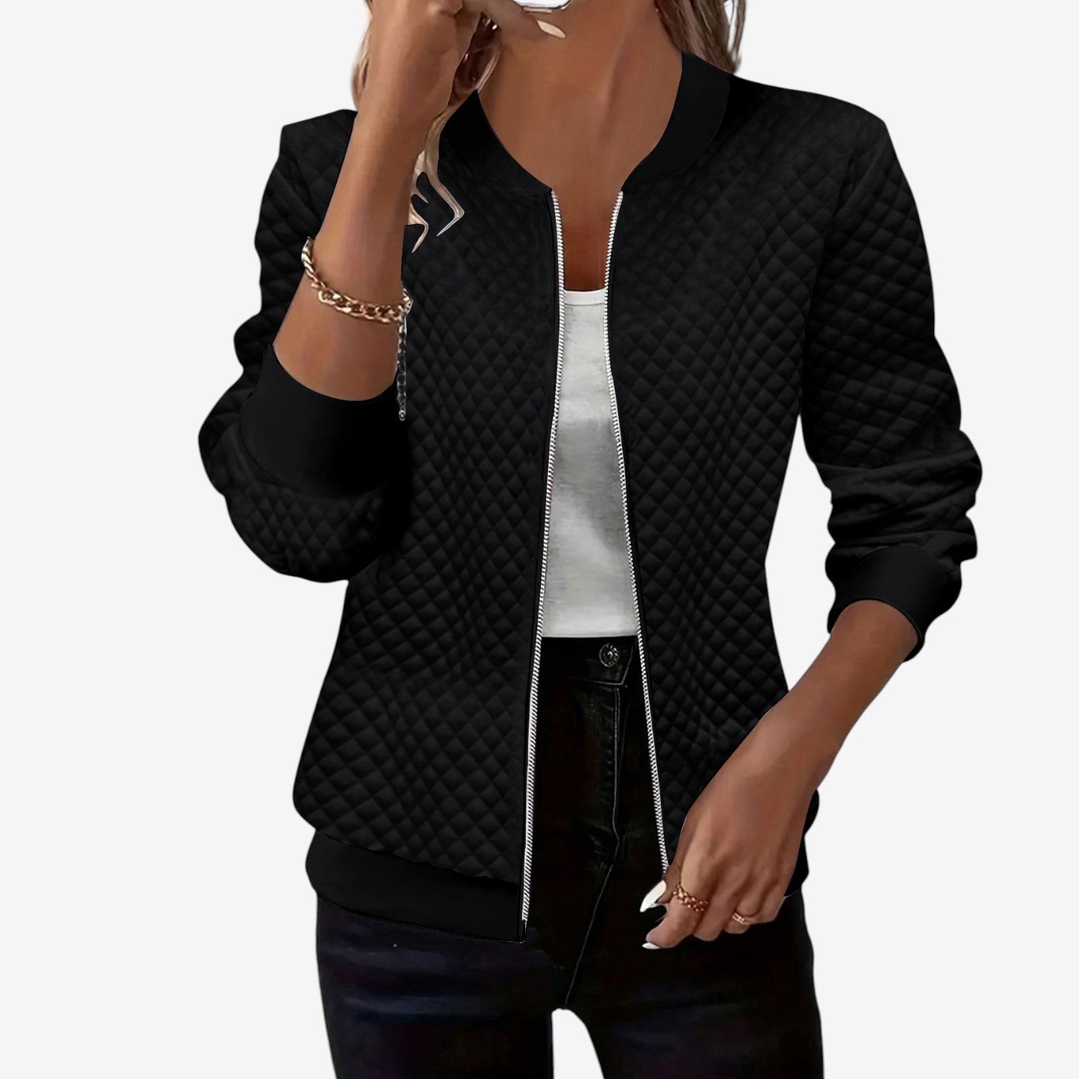 Women’s Quilted Bomber Jacket – Zip-Up Layer for Autumn and Winter