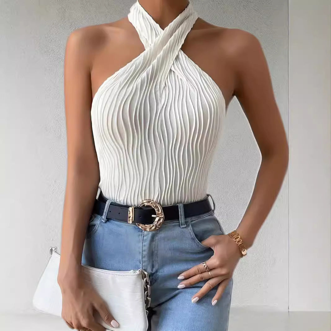Top da donna plissettato con collo incrociato e taglio aderente a halter