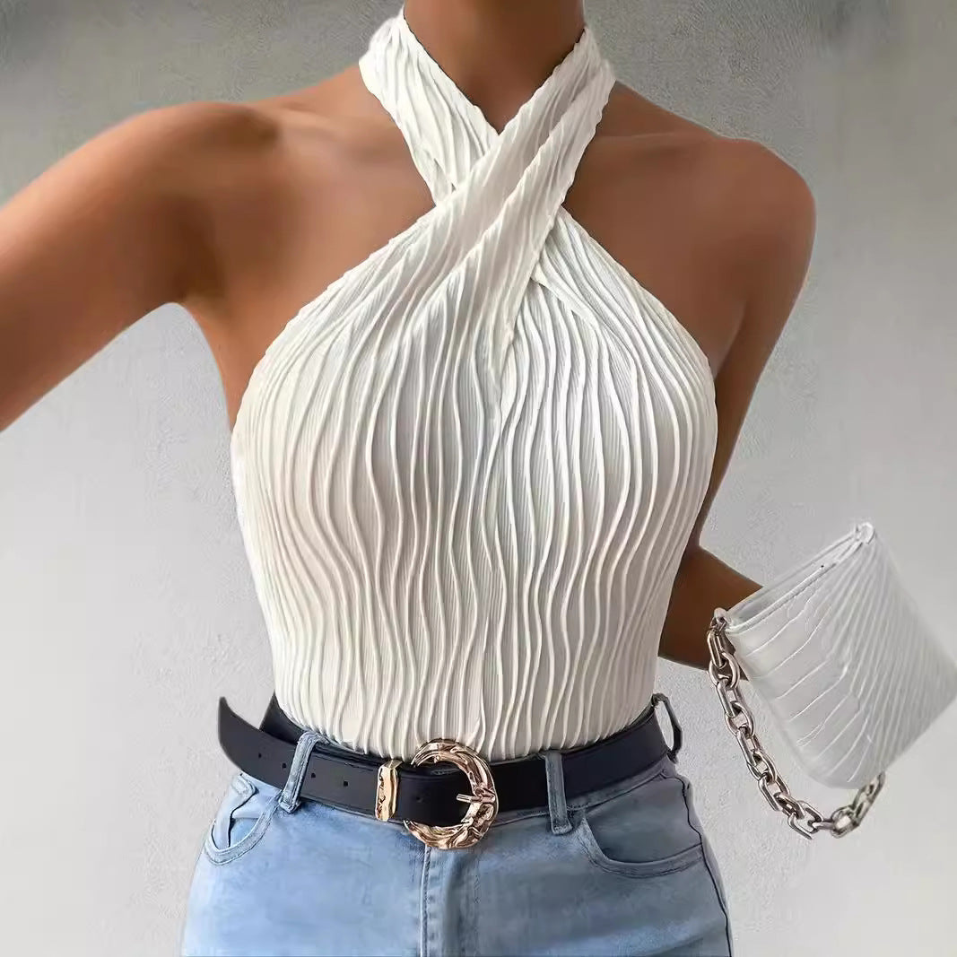 Top da donna plissettato con collo incrociato e taglio aderente a halter