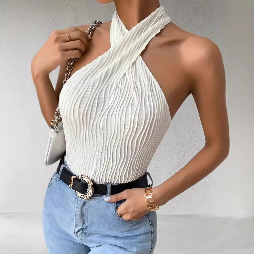 Top da donna plissettato con collo incrociato e taglio aderente a halter