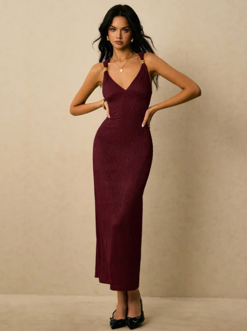 Women’s Ribbed Midi Dress V Neck Sleeveless Bodycon