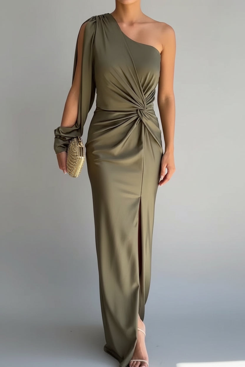 Vestido maxi asimétrico de satén para mujer con abertura frontal