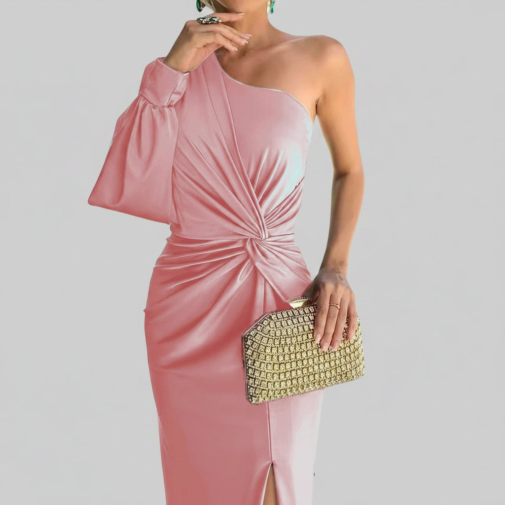 Vestido maxi asimétrico de satén para mujer con abertura frontal