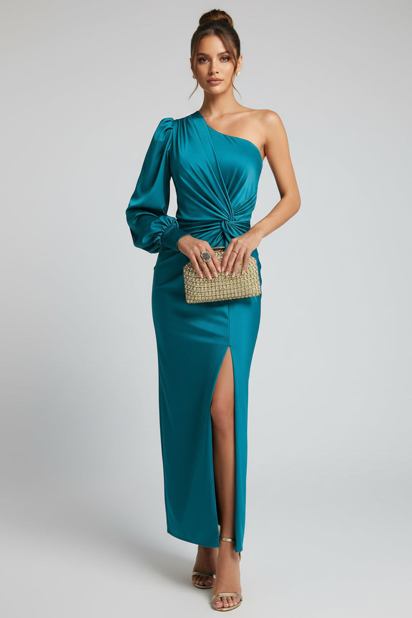 Vestido maxi asimétrico de satén para mujer con abertura frontal
