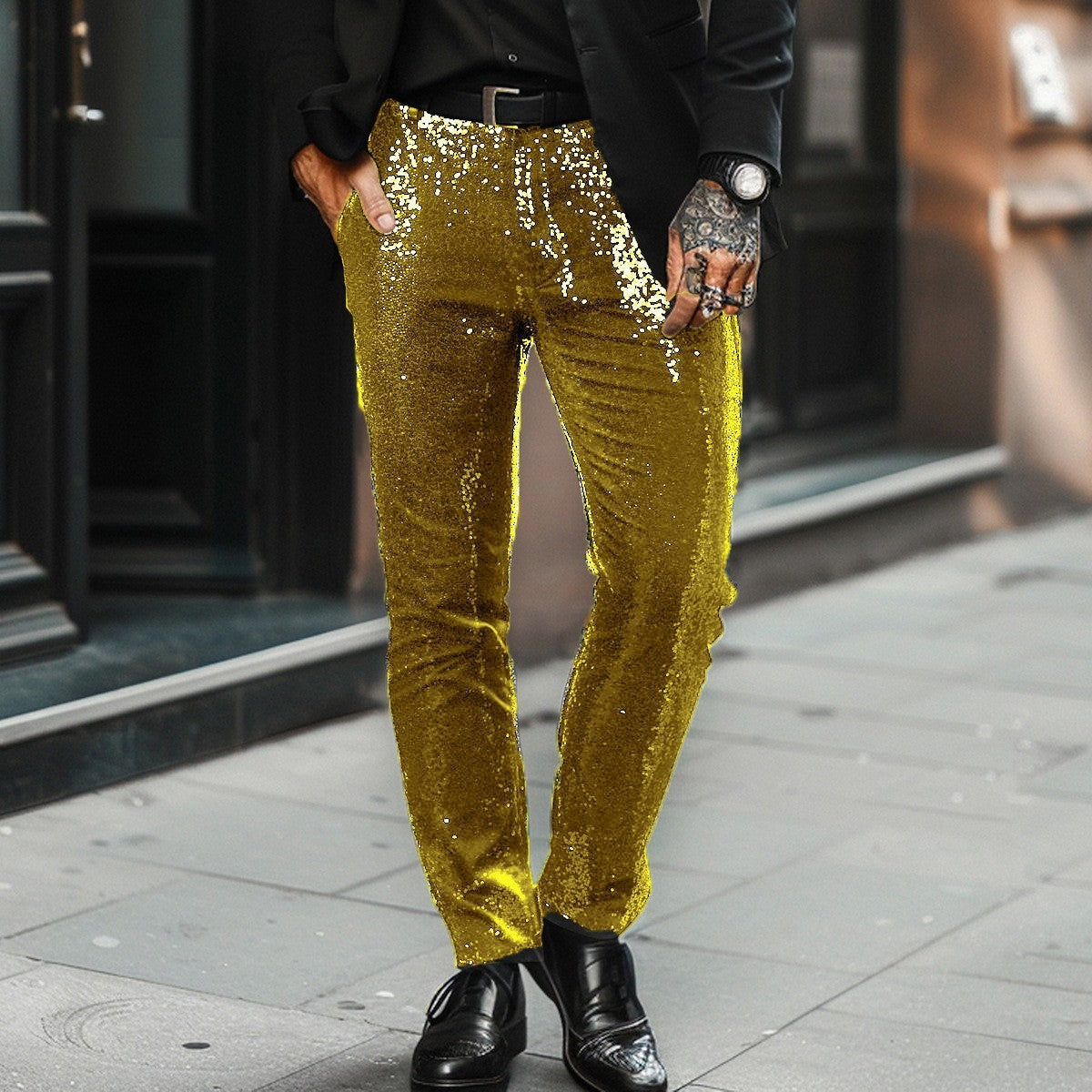 Pantalon slim à sequins pour homme – tenue de fête remarquée avec passants de ceinture et poches latérales