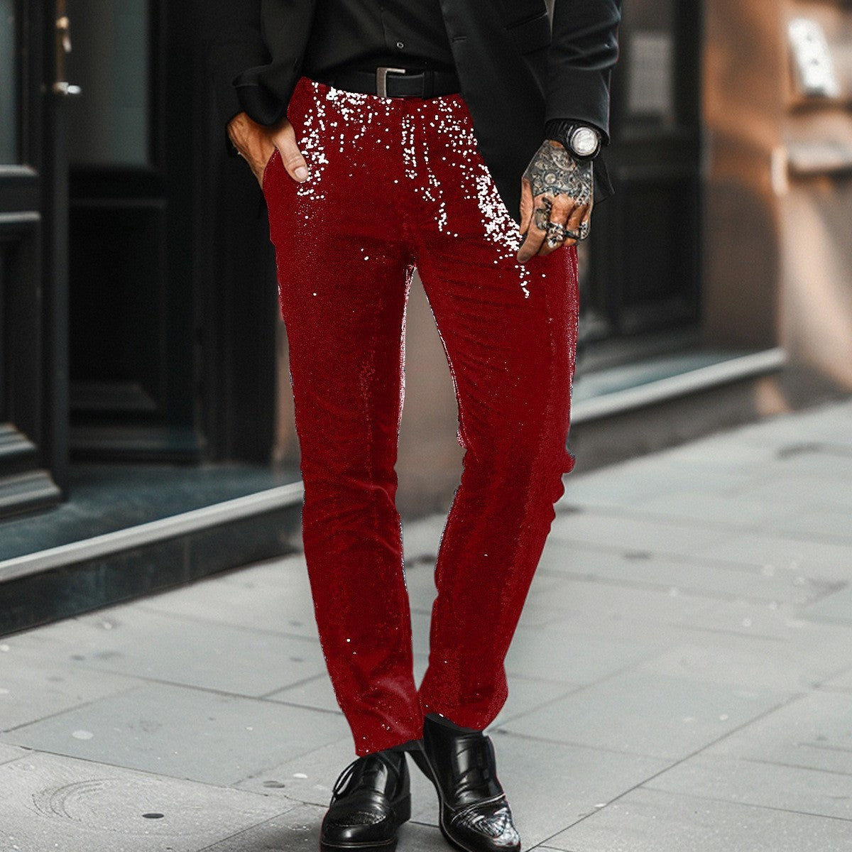 Pantalon slim à sequins pour homme – tenue de fête remarquée avec passants de ceinture et poches latérales