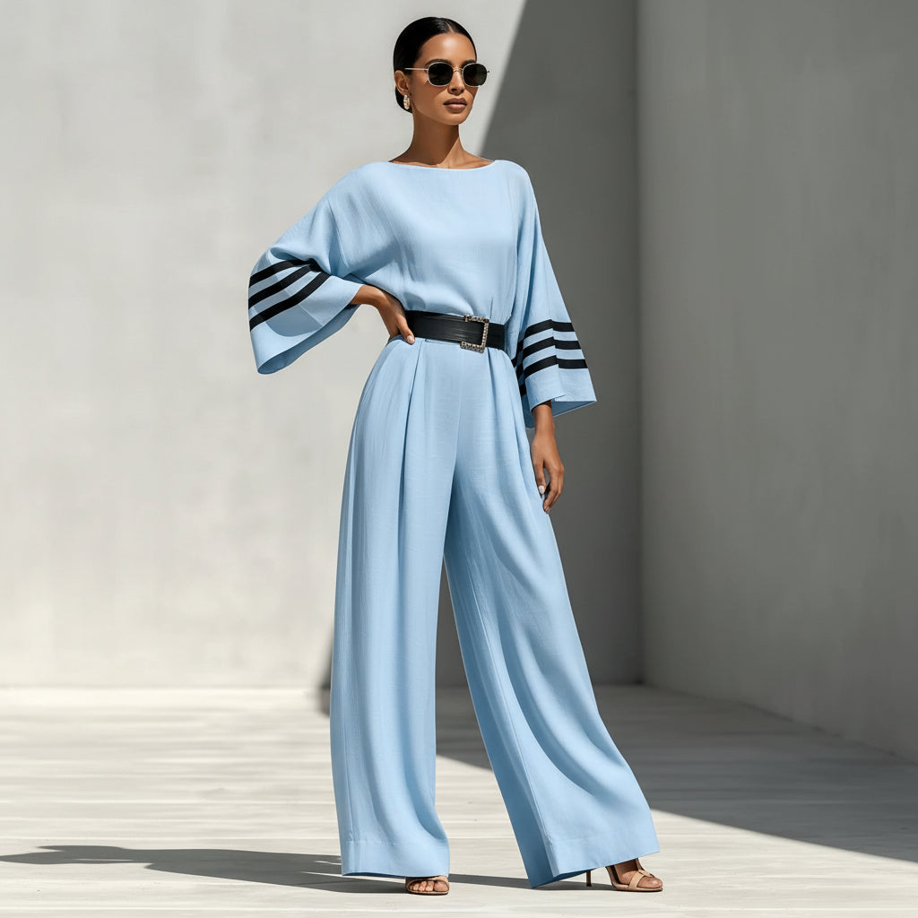 Women’s Wide Leg Jumpsuit Belted Linen Look Silhouette